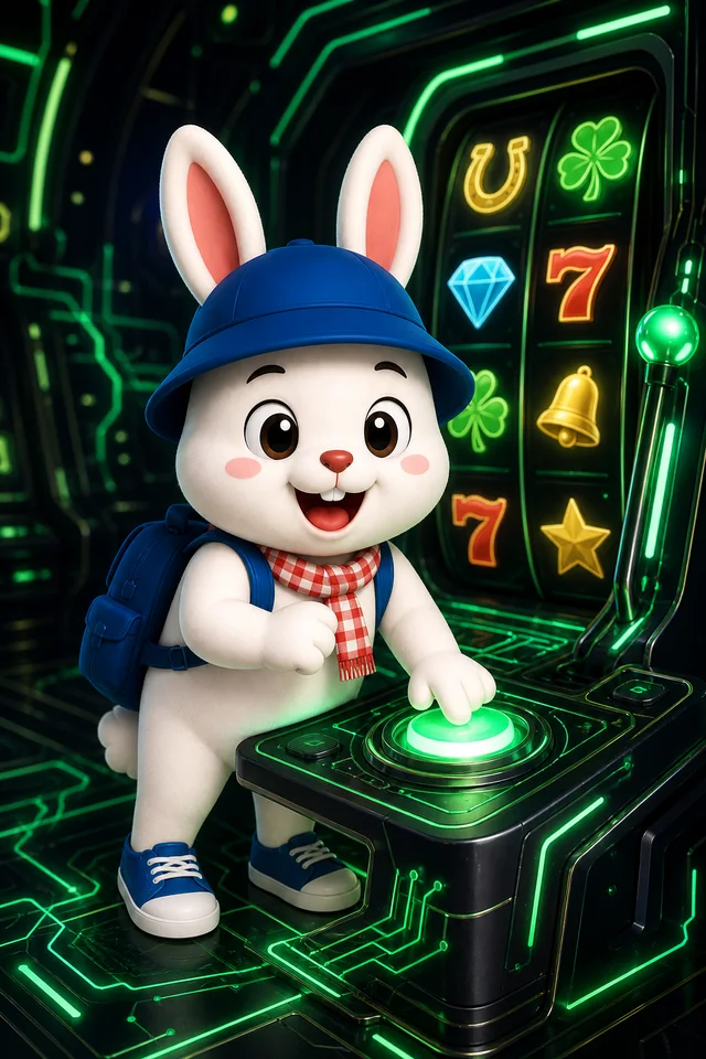Rabbit8 mascot playing a futuristic slot game