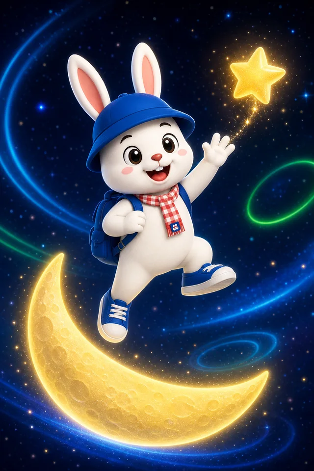 Rabbit8 mascot hopping across a glowing moon
