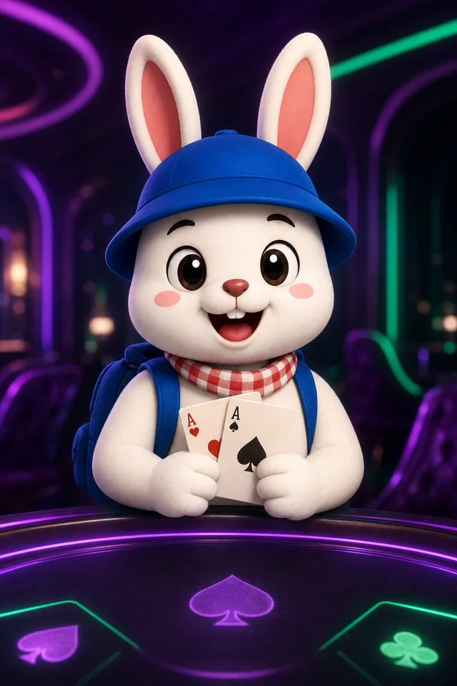 Rabbit8 mascot hosting a neon card table