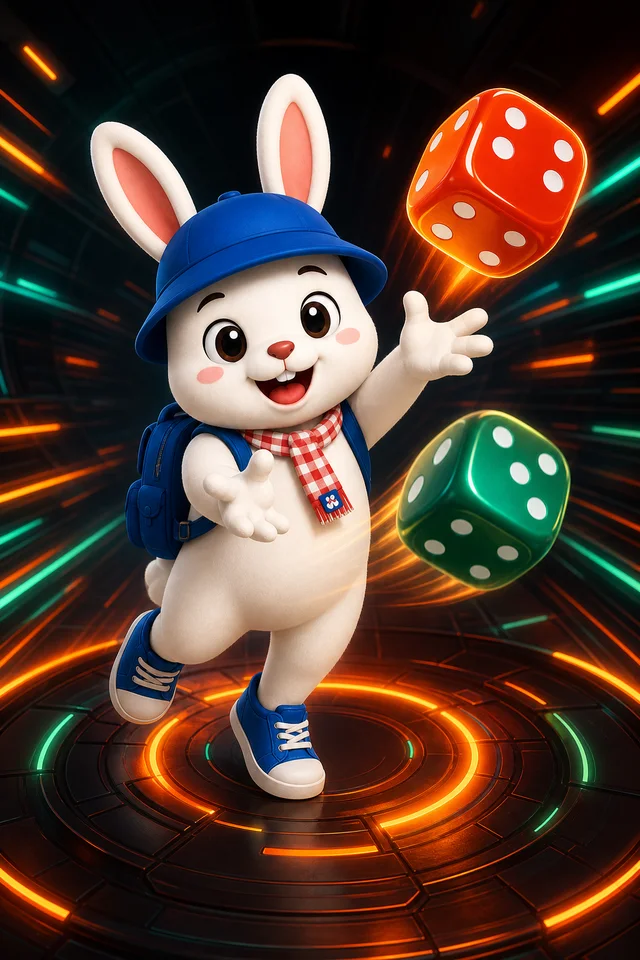 Rabbit8 mascot tossing glowing dice