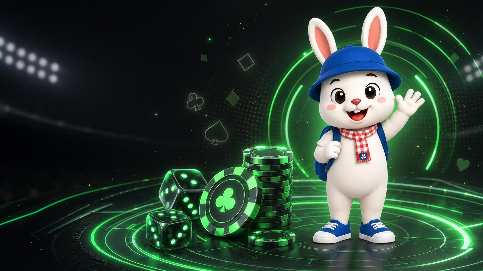Rabbit8 mascot waving in a neon green digital casino arena