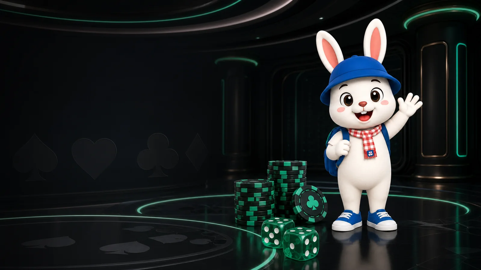 Rabbit8 mascot waving beside casino chips and dice