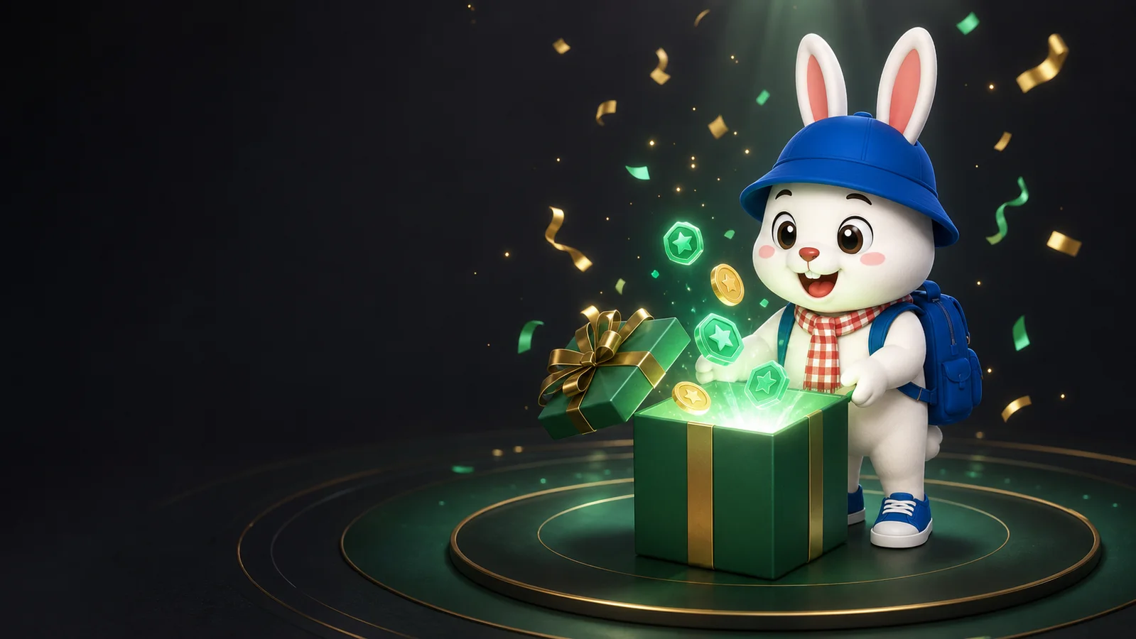 Rabbit8 mascot opening a glowing green reward box