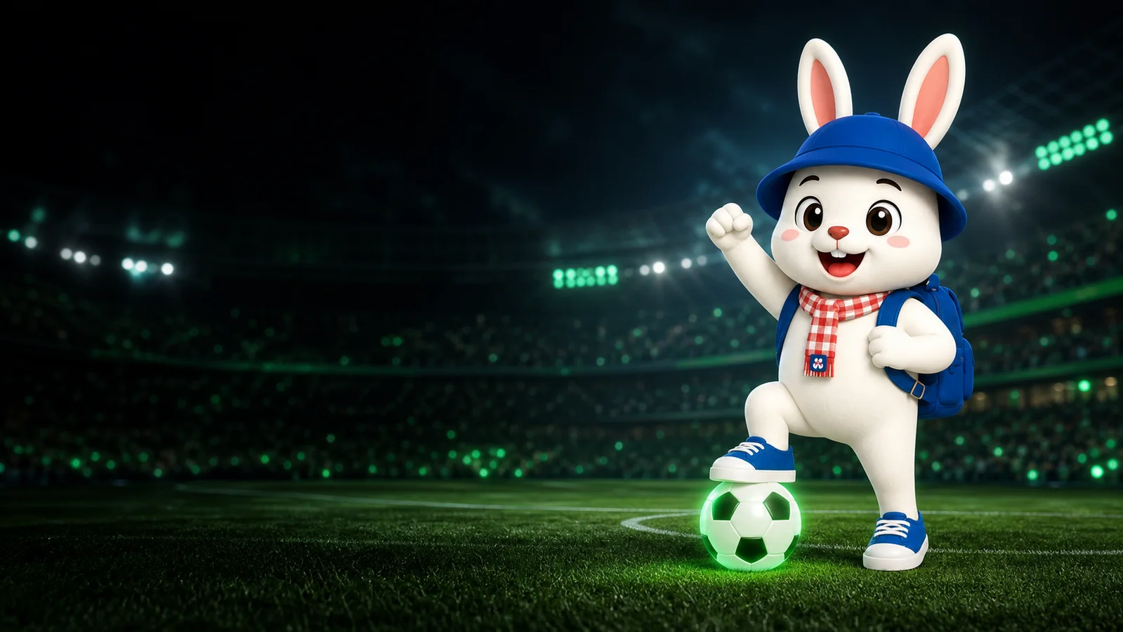 Rabbit8 mascot celebrating with a football in a green-lit stadium