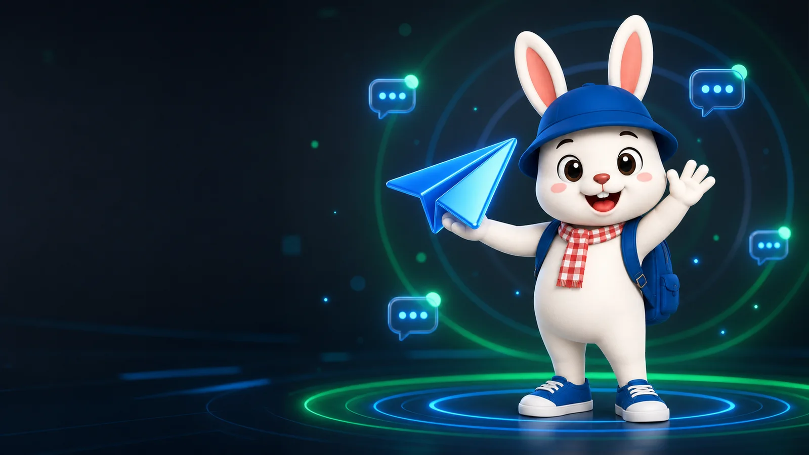 Rabbit8 mascot holding a glowing blue paper plane